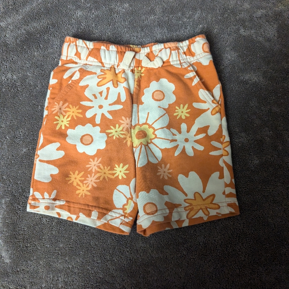 Cat & Jack Orange Floral Shorts Drawstring With Pockets Size 3 T